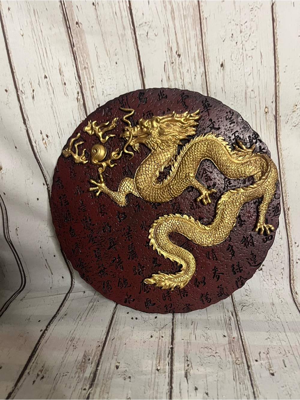 Vintage Chinese Serpent Dragon Ceramic Compound Wall Round Sculpture Red Gold